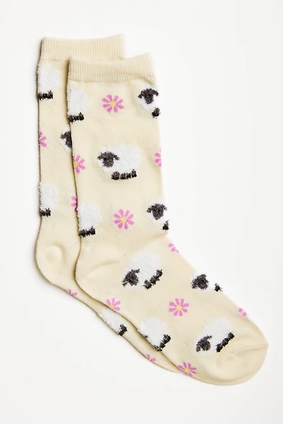 Fuzzy Sheep and Flowers Socks