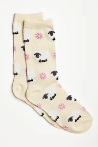 Fuzzy Sheep and Flowers Socks