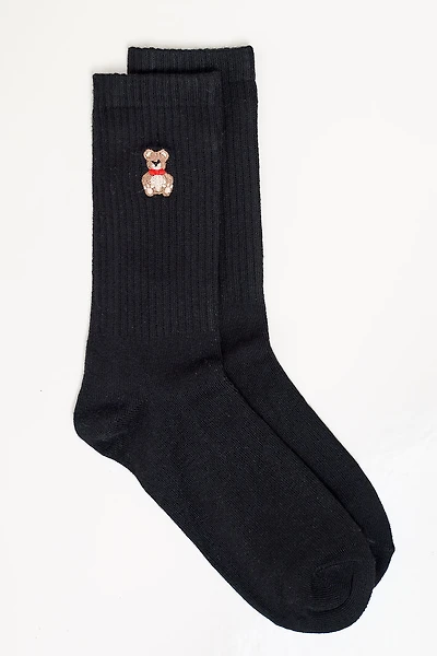 Rib Socks with Teddy Bear Embroidery