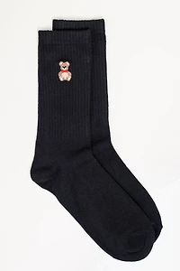 Rib Socks with Teddy Bear Embroidery