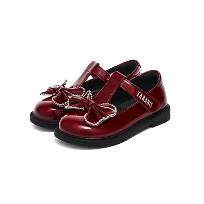 TARANIS Stage 3 Diamond-Edged Burgundy Leather Shoes with Bow Embellishments