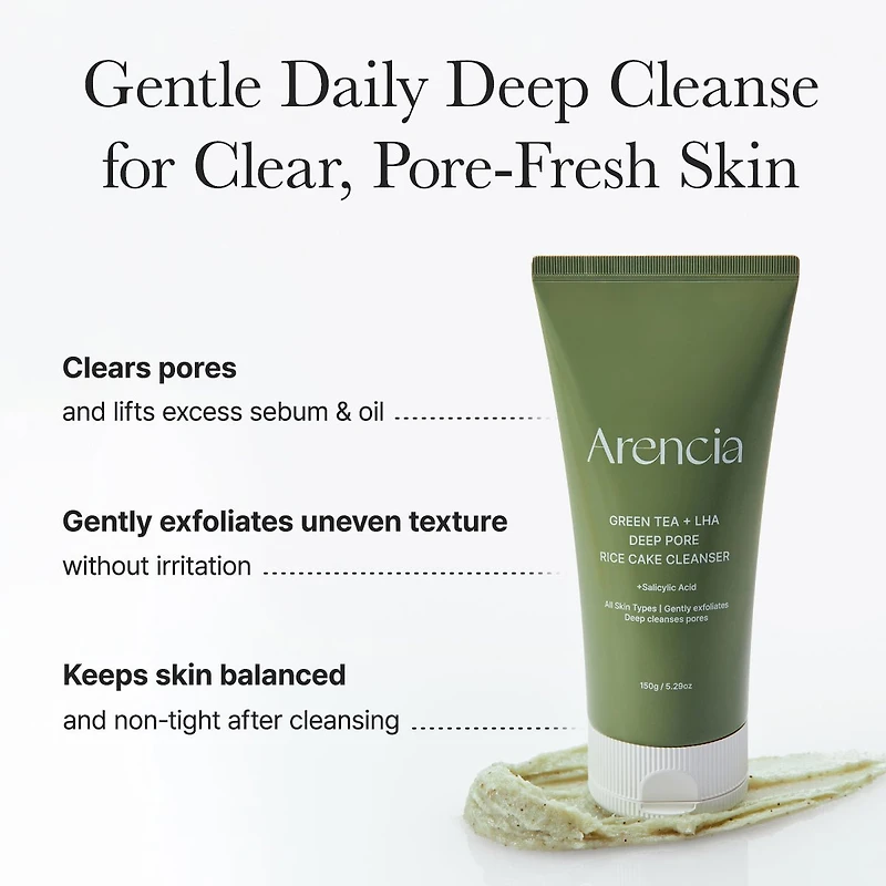 ARENCIA Green Tea + LHA Deep Pore Rice Cake Cleanser 150ml