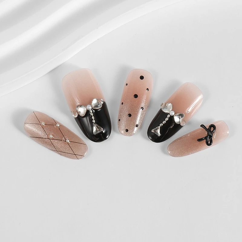 Kiokii Handmade Press-On Nails-Black-Pink Splicing