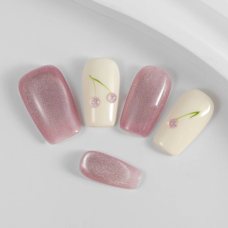Kiokii Handmade Press-On Nails-Cute Pink Cherry