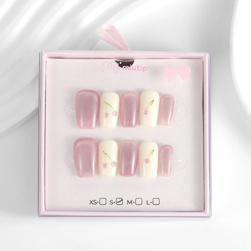Kiokii Handmade Press-On Nails-Cute Pink Cherry