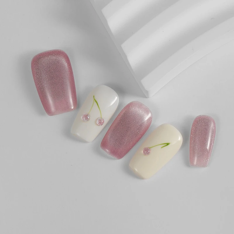 Kiokii Handmade Press-On Nails-Cute Pink Cherry