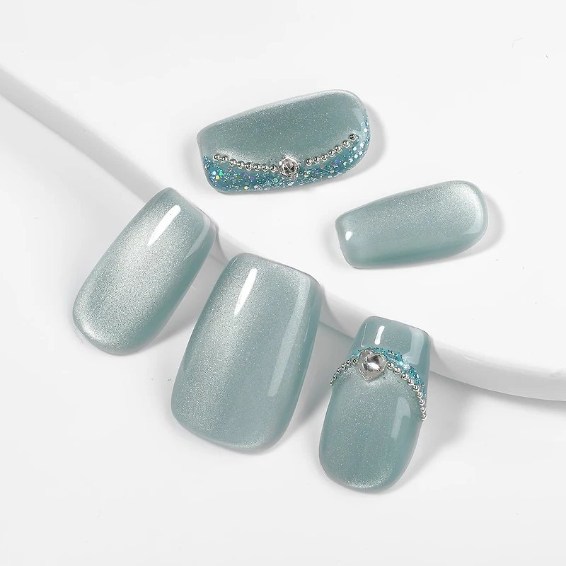Kiokii Handmade Press-On Nails-Elegant Azure Cat's Eye