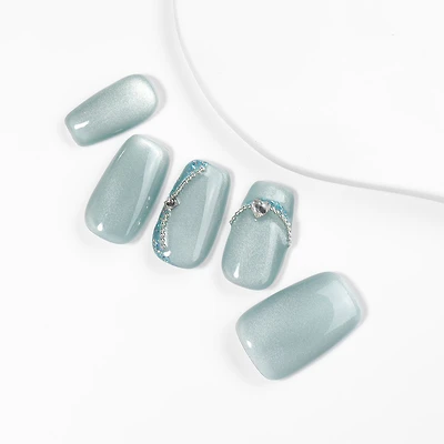 Kiokii Handmade Press-On Nails-Elegant Azure Cat's Eye