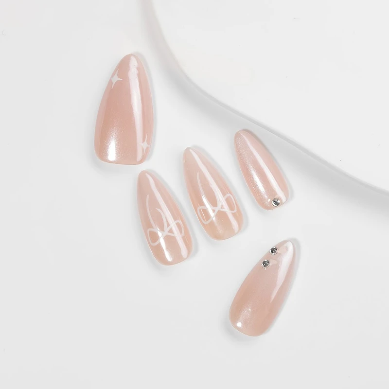 Kiokii Handmade Press-On Nails-Elegant Blush Nails with Star & Bow Accents