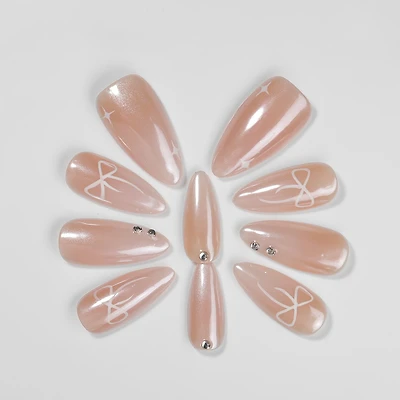 Kiokii Handmade Press-On Nails-Elegant Blush Nails with Star & Bow Accents