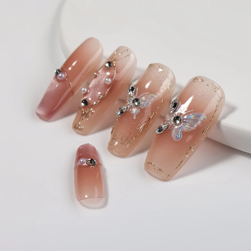 Kiokii Handmade Press-On Nails-Elegant Butterfly Pearl Nail Set
