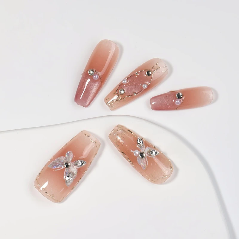 Kiokii Handmade Press-On Nails-Elegant Butterfly Pearl Nail Set