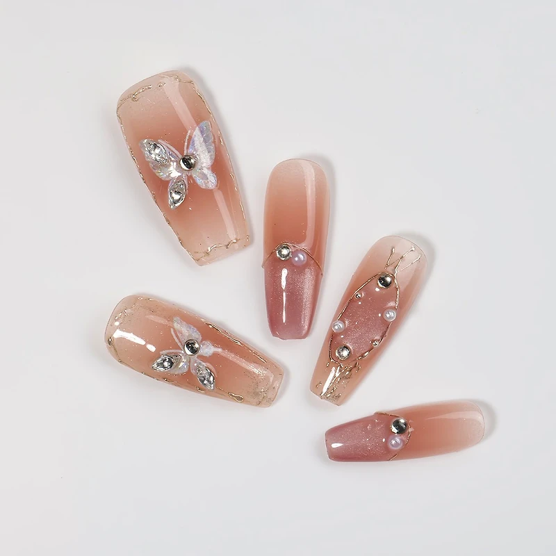 Kiokii Handmade Press-On Nails-Elegant Butterfly Pearl Nail Set
