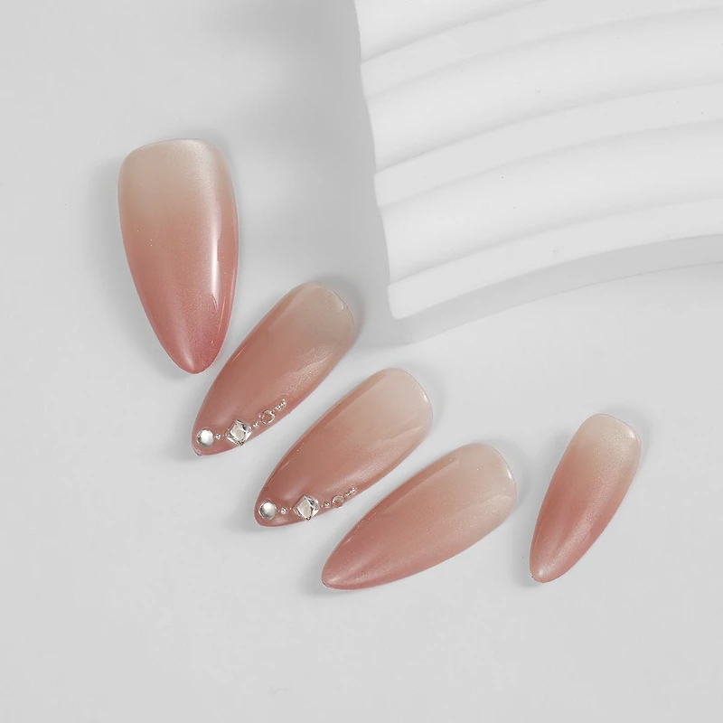 Kiokii Handmade Press-On Nails-Nude Pink With Rhinestones
