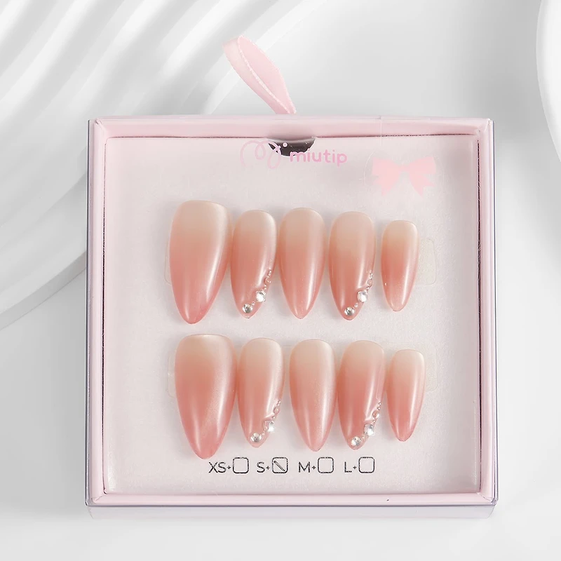 Kiokii Handmade Press-On Nails-Nude Pink With Rhinestones