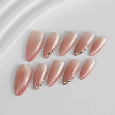 Kiokii Handmade Press-On Nails-Nude Pink With Rhinestones