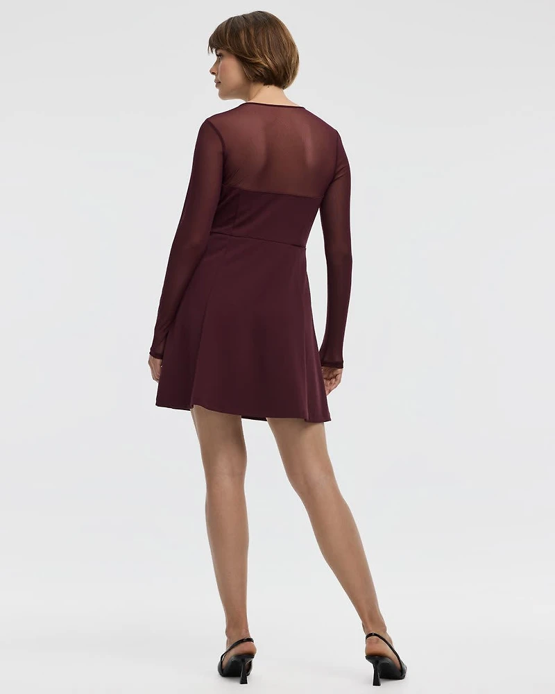 Long-Sleeve Fit-and-Flare Dress with Sheer Yoke