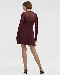 Long-Sleeve Fit-and-Flare Dress with Sheer Yoke