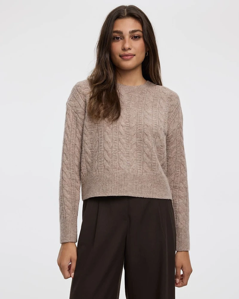 Long-Sleeve Crew-Neck Pullover with Cable Stitches