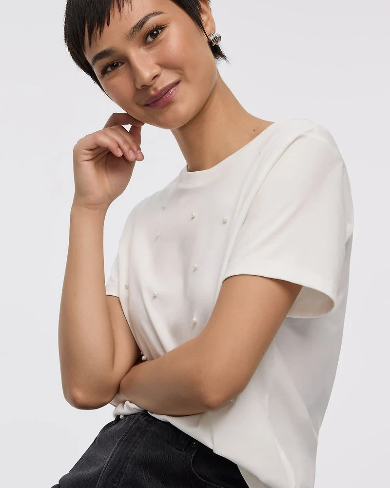 Short-Sleeve Crew-Neck Tee with Rhinestones