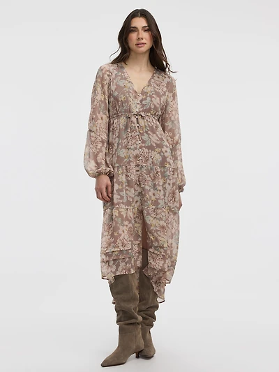 Robe maxi étagée à manches longues