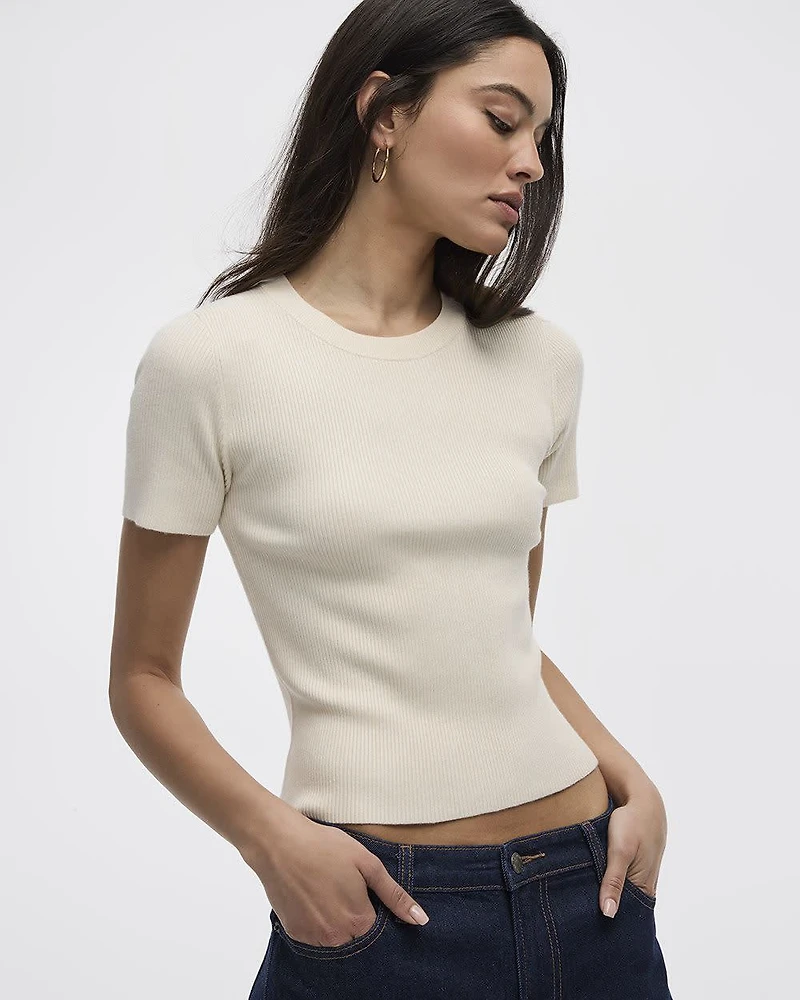 Short-Sleeve Crew-Neck Ribbed Sweater