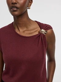 Extended-Sleeve Crew-Neck Sweater with Brooch