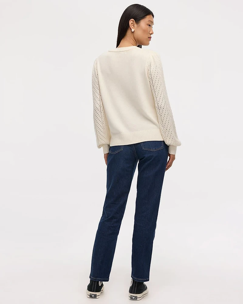 Long-Balloon-Sleeve Crew-Neck Pointelle Sweater