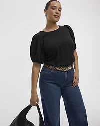 Puffy-Elbow-Sleeve Crew-Neck Top