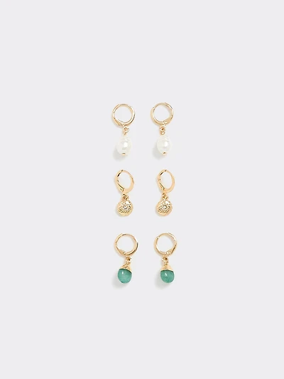 Ladies Metal Imitation Earrings Set – 3 Pairs Hoop & Pendant
