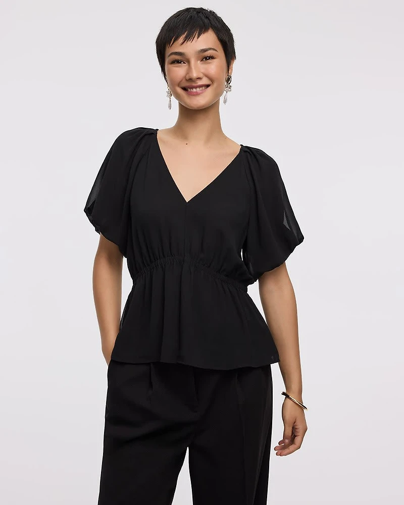 Short-Bubble-Sleeve V-Neck Blouse