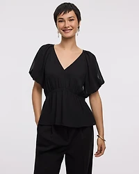Short-Bubble-Sleeve V-Neck Blouse