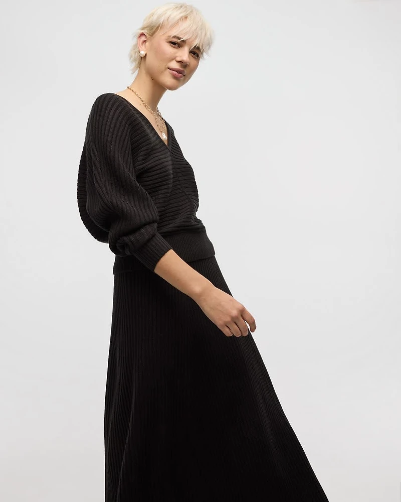 Long-Dolman-Sleeve V-Neck Ribbed Pullover