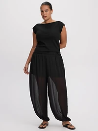 Extended-Sleeve Boat-Neck Ribbed Top