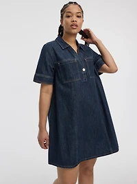 Elbow-Sleeve Shirt-Collar Mini Dress