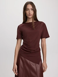 Short-Sleeve Shirred Top with Asymmetrical Hem