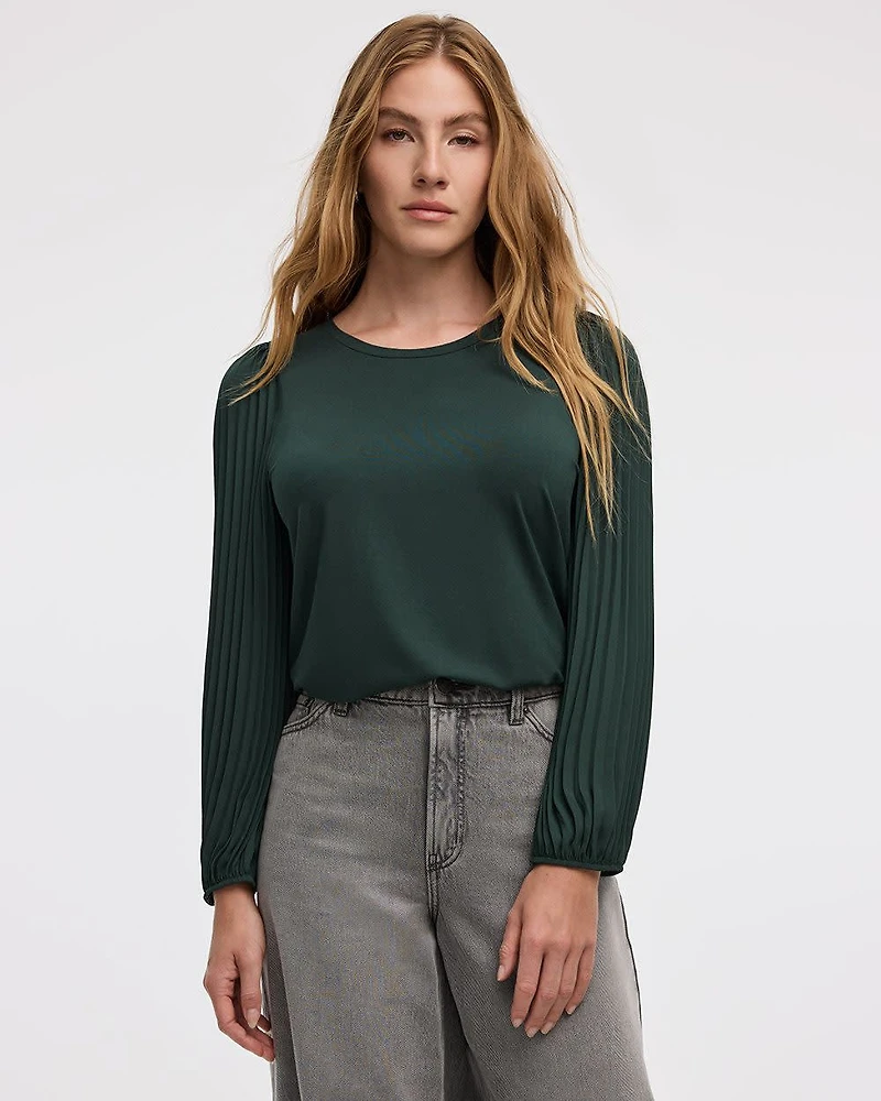 Pleated-Long-Sleeve Boat-Neck Mix-Media Top
