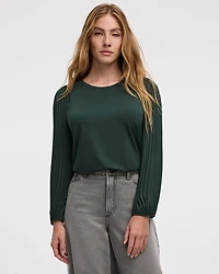 Pleated-Long-Sleeve Boat-Neck Mix-Media Top