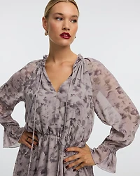 Long-Sleeve V-Neck Midi Dress with High-Low Hem