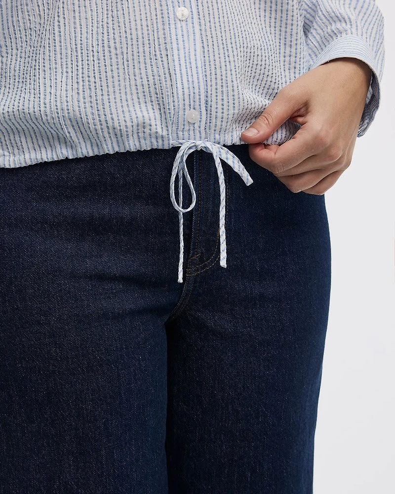 Seersucker Long-Sleeve Buttoned-Down Blouse