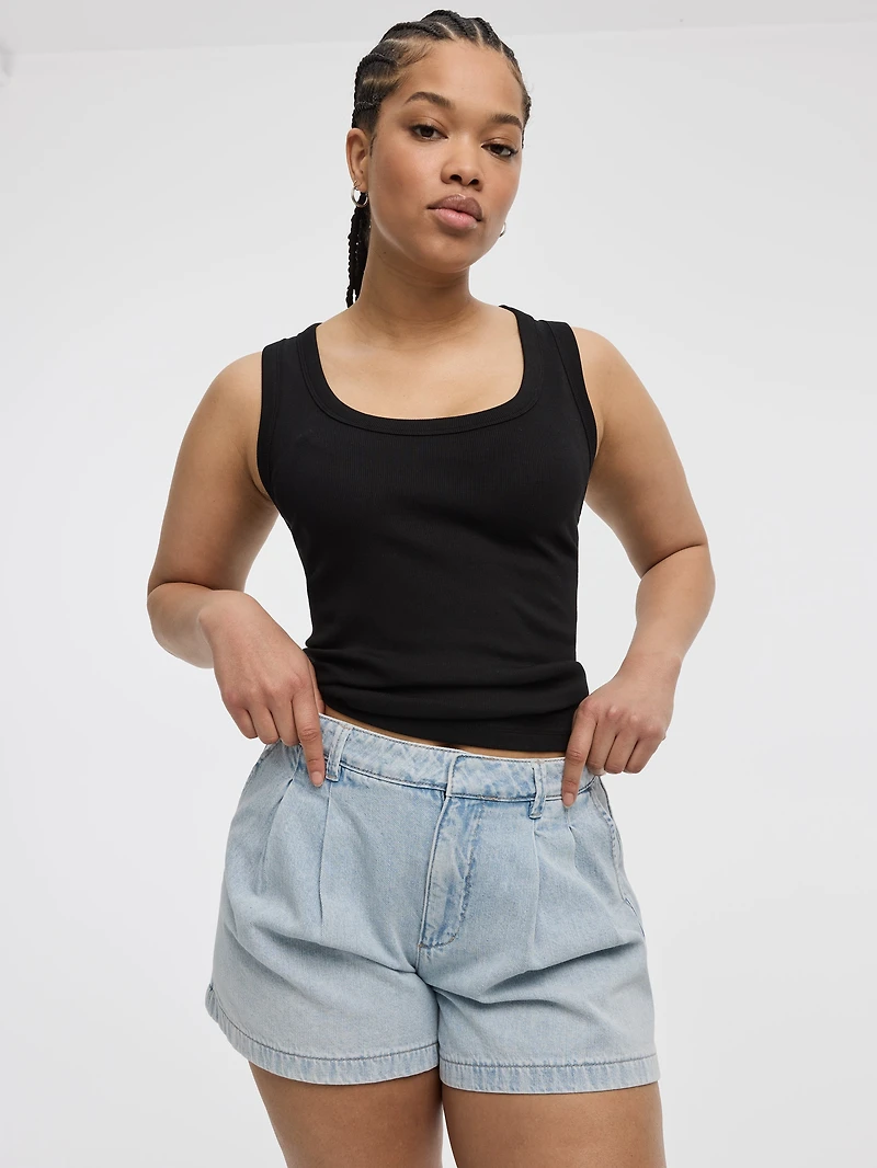 Pleated Denim Shorts