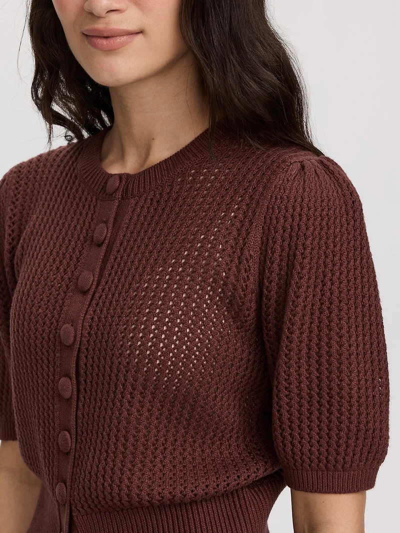 Short-Sleeve Crew-Neck Cardigan with Pointelle Stitches