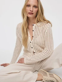 Cardigan à manches longues et col rond en mailles ajourées