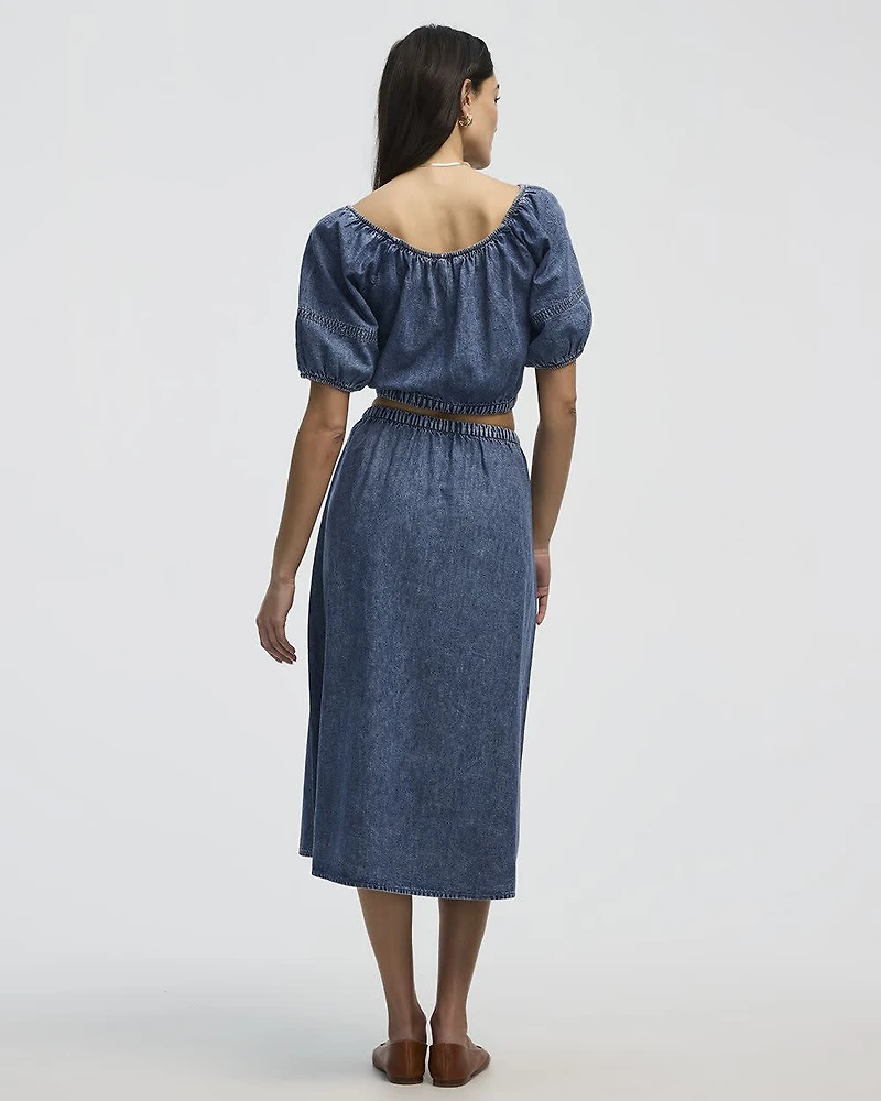 Short-Puffy-Sleeve Denim Top with Boat Neckline