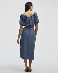 Short-Puffy-Sleeve Denim Top with Boat Neckline