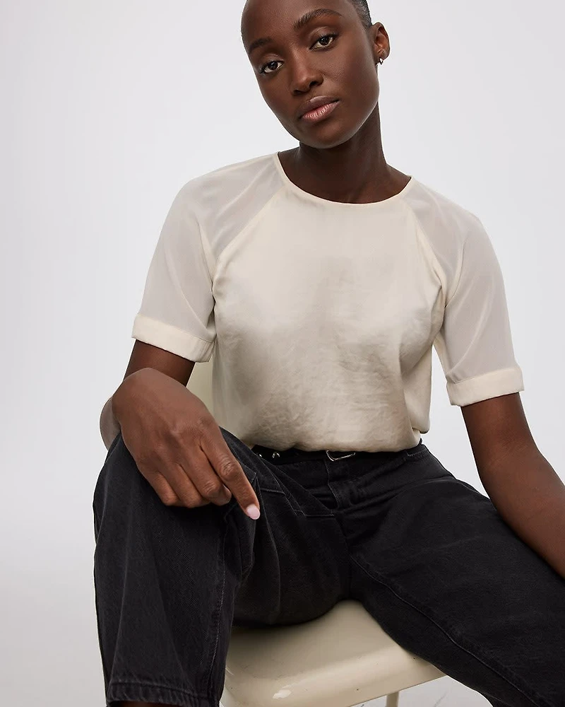 Short-Sleeve Crew-Neck Mix-Media Blouse