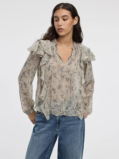 Blouse à manches longues et col fendu avec détails volants