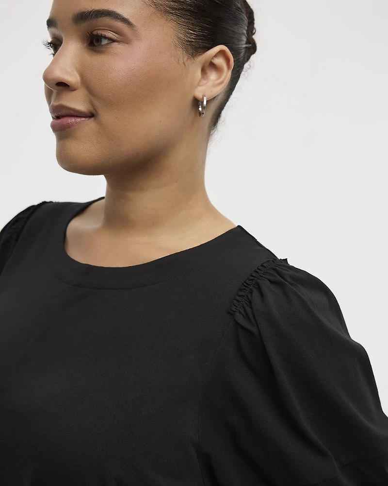 Puffy-Elbow-Sleeve Crew-Neck Top