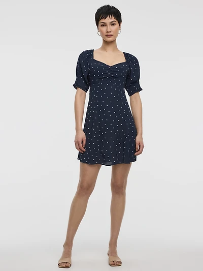 Short-Puffy-Sleeve Empire-Cut Dress with Sweetheart Neckline