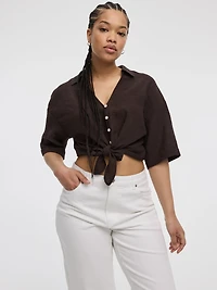 Blouse à manches courtes et col V avec rubans nouer